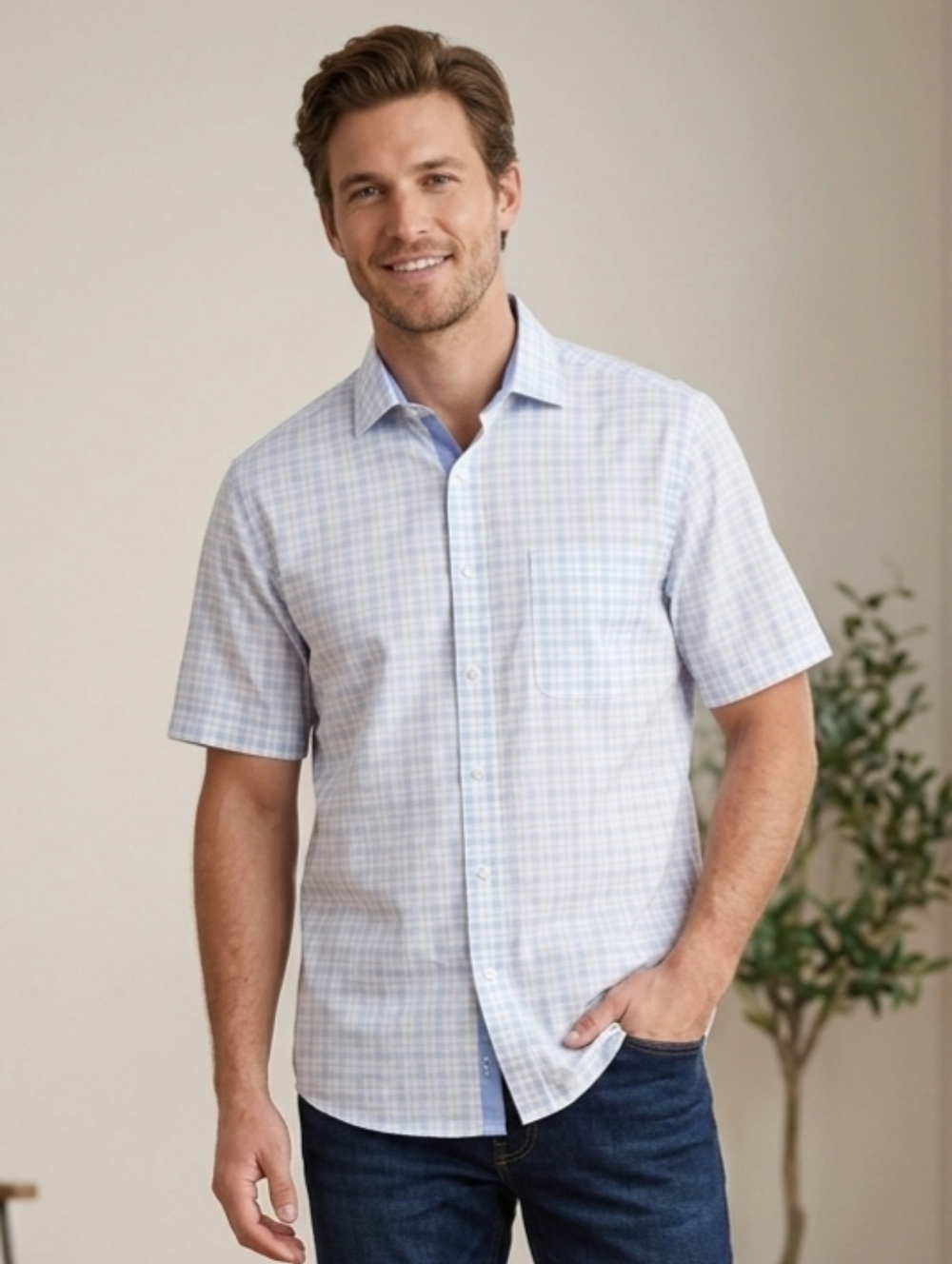 Tommy Hilfiger Men's Short Sleeve Shirt White Plaid Reg Fit Wrinkle Free Sz L